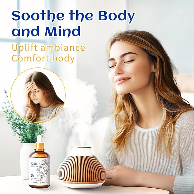 HIQILI Rose Essential Oil 1 Fl Oz, for Aromatherapy, Diffuser, Skin Care, Massage, Includes Premium Quality Glass Dropper | Premium Glass Dropper Included, Ideal for Aromatherapy, Relaxing Body Massage & Home Fragrance – 30mL / 1.01 fl oz