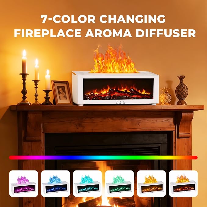 Fireplace Flame Essential Oil Diffuser, 7-Color LED Ultrasonic Aromatherapy Humidifier, 150ml, Cool Mist, with Remote Control and Timer, for Home Bedroom Office Yoga (White)