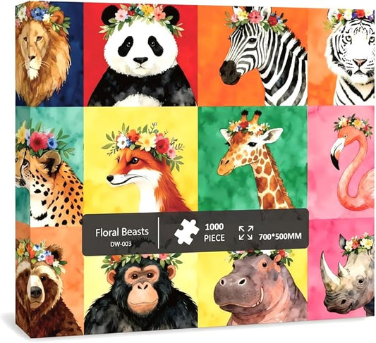 1000 Pieces Jigsaw Puzzles for Adults, Animal Series - Detailed Wildlife Art, Educational Family Game, Large 28" x 20", Great Gift for Animal Lovers & Home Decor（Floral Beasts）