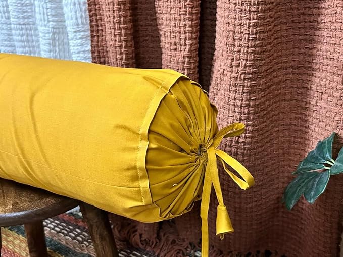 Round Pillow Cover Cervical Neck Roll Cotton Bolster Pillowcase for Cylindrical Cushion and Drawstring Closure Round Neck Pillowcase 6" x 18" (15 x 45 cm) Mustard
