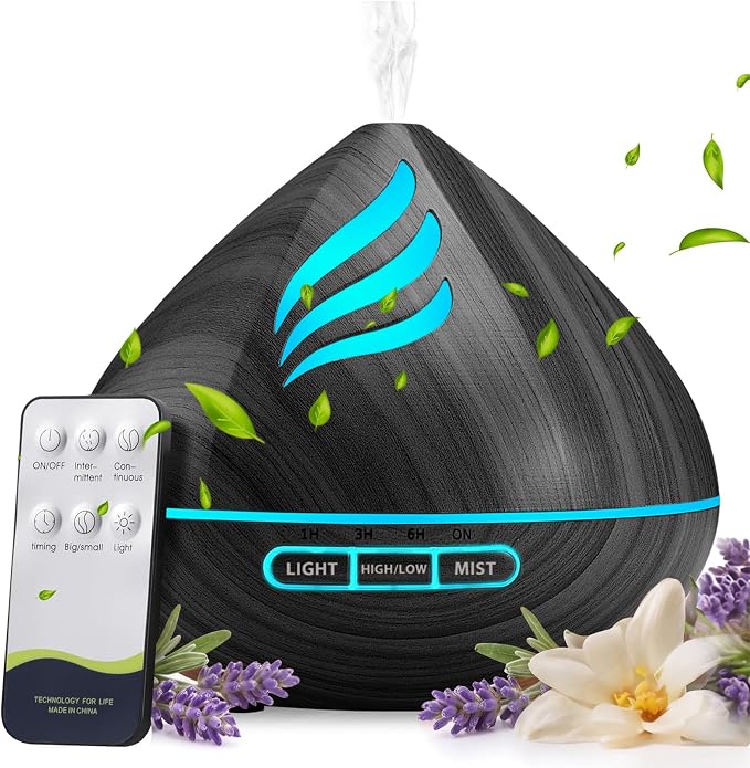 Essential Oil Scent Diffuser: 500ML Aroma Diffuser for Home Bedroom - 14 Colors LED, Remote Control, Ultra-Quiet Cool Mist Scent Diffuser with Timer for Family - Black