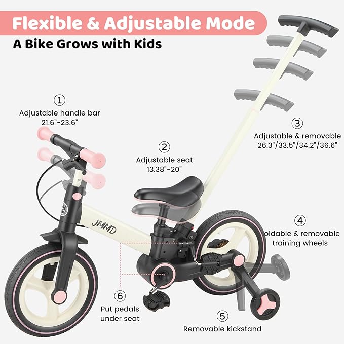 JMMD 6 in 1 Toddler Bike with Push Handle for Kids 18-60 Months, 12" Foldable Balance Bike with Training Wheels, Pedals, Brakes, Kickstand, Push Tricycle Toddler Gift & Toys for Boy & Girl