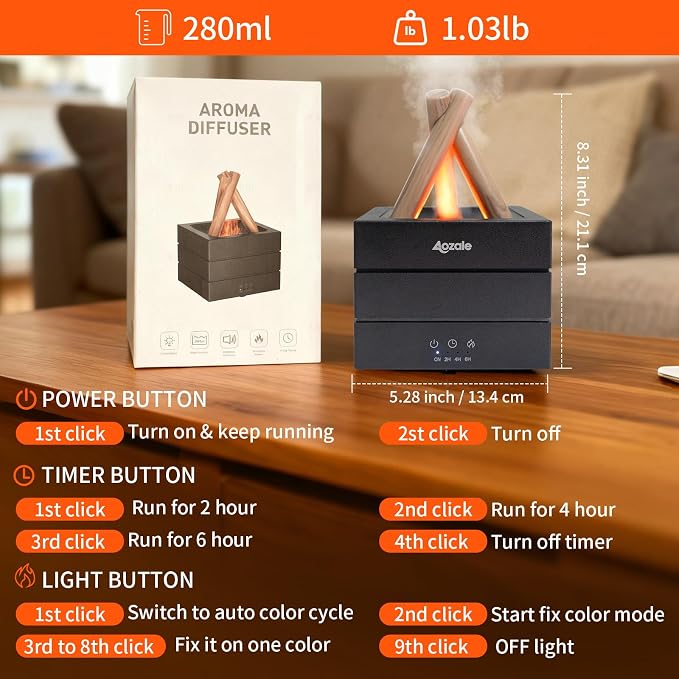 Campfire Flame Fire Diffuser, Bonfire Aromatherapy Essential Oil Diffuser, 280ML Ultrasonic Mist Humidifier with Remote, 7-Color LED, Timer, Auto Shut-Off for Bedroom, Office, Yoga, Gifts
