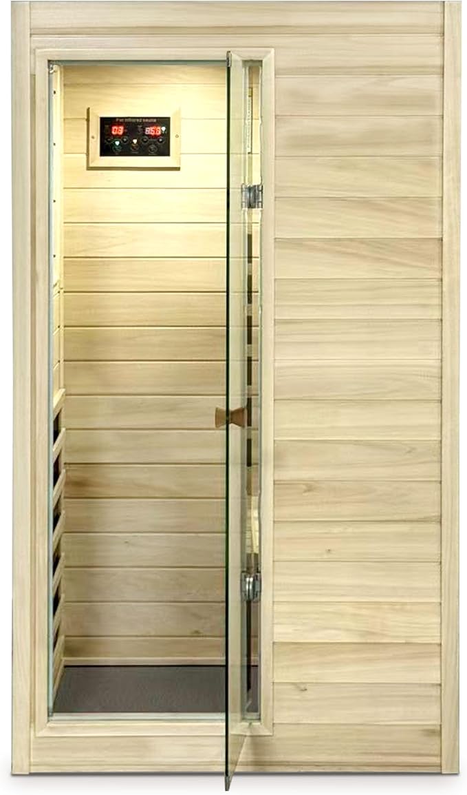 Far Infrared Sauna European Aspen Wood 1 Person Infrared Sauna for Home 905W Low EMF Mini Indoor Sauna with Bluetooth Speakers, Left Door
