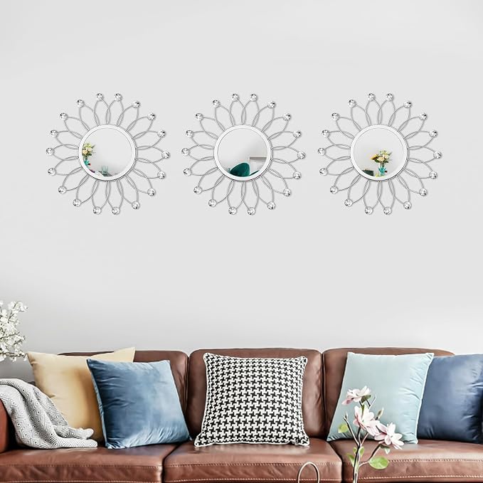 3 Pack Metal Mirrors for Wall Sunburst Wall Mirrors Home Décor Decorative Hanging Wall Art for Living Room Bedroom Entryway (Silver Crystal, Flowers)