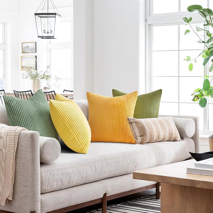 Topfinel Summer Throw Pillows Covers 16x16 Inch Set of 4,Yellow Sage Green Colorful Decorative Vanilla Girl Room Decor Cushion Cases,Couch Sofa Living Room Striped Corduroy Modern Home Decor