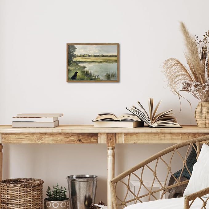 Framed Vintage Hunting Black Dog Wall Art, Rustic Country Nature Landscape Pictures Wall Decor, Farmhouse Animal Paintings Canvas Prints Aesthetic Home Decor for Living Room Bedroom 8x10 inch