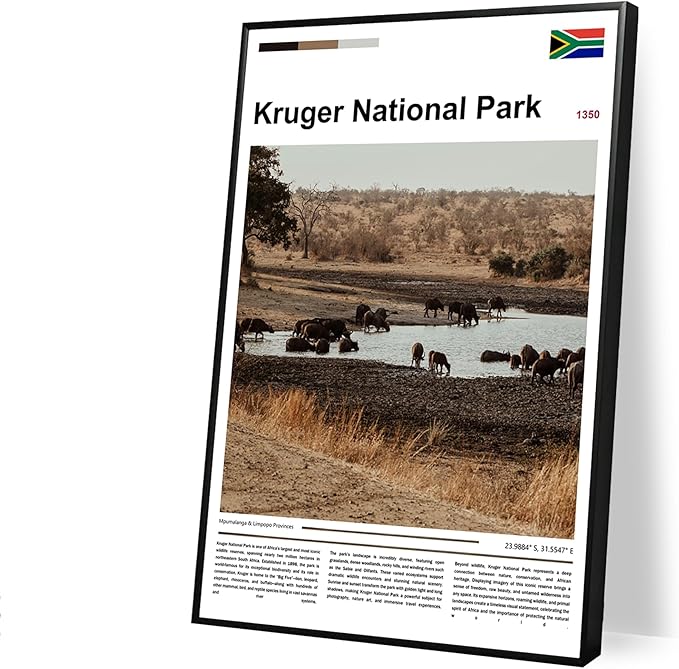 Poster Kruger National Park Wall Art Original Design(30"x20" Unframed) South Africa Safari Wildlife Print African Buffalo Savanna Landscape Nature Scenery Travel Landmark Series Picture