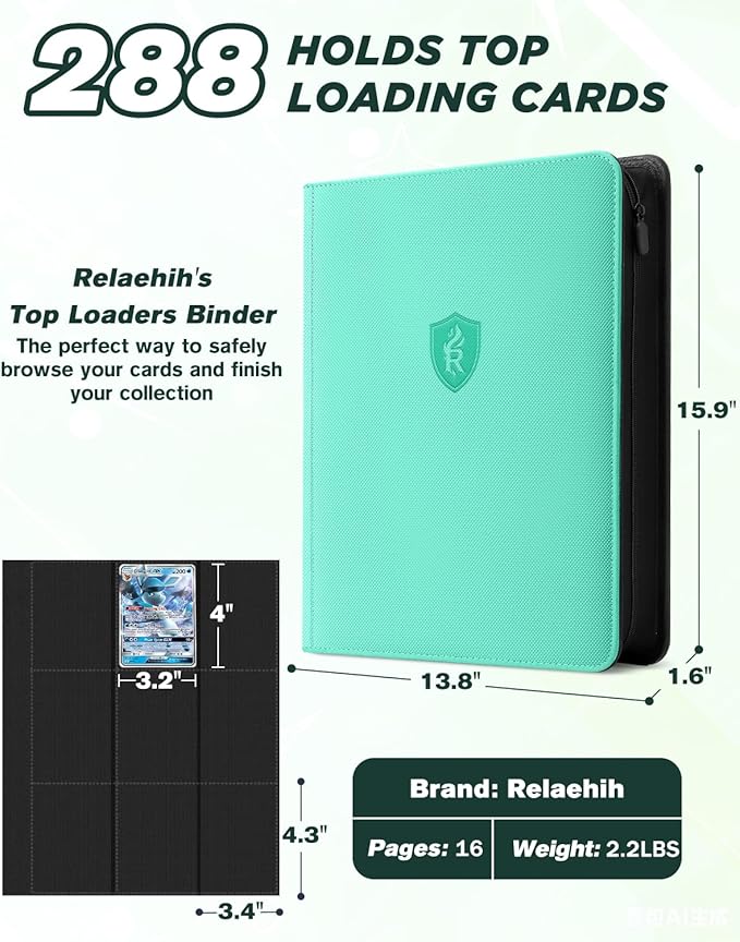 9 Pocket Top Loader Binder with Zipper – Holds 288 Toploaders – Premium Double-Sided Card Album for Trading Cards, TCG, MTG, Sports Cards (Glacier Mint)