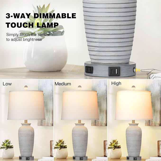CINSARY 25" Farmhouse Jar Table Lamps Set of 2, 3 Way Touch Control Rustic Bedside Lamps with USB A+C Ports & AC Outlet, Pot Nightstand Lamps for Bedroom Living Room (LED Bulbs Included)