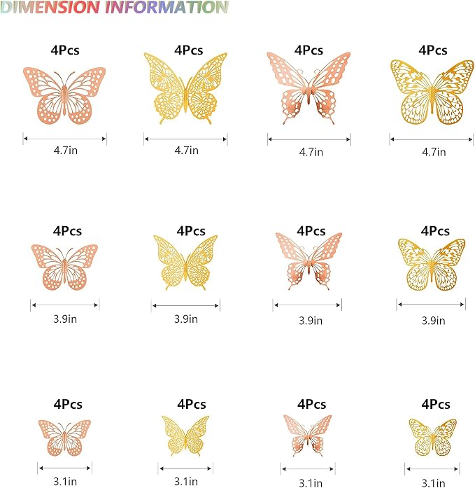 SAOROPEB 3D Butterfly Wall Decor, 48 Pcs 4 Styles 2 Color 3 Sizes, Removable Metallic Wall Sticker Room Mural Decals for Kids Bedroom Nursery Classroom Party Decoration (2 Color) | 4 Styles 2 Color 3 Sizes, Removable Metallic Wall Sticker Room Mural De...