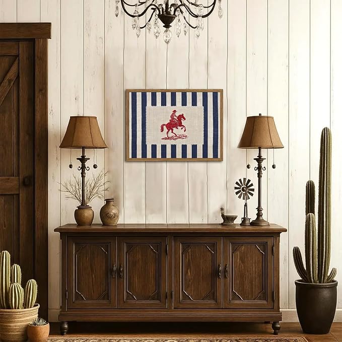 Vintage Western Wall Art Mid Century Striped Cowboy Wall Decor Painting Blue and White Southwest Poster Canvas Print for Bedroom Lving Room 16x24 inch Wood Framed