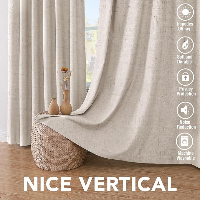 H.VERSAILTEX Linen 100% Blackout Curtains for Bedroom Light Blocking Curtains, Textured Curtains for Living Room 84 inch Grommet, White Liner Energy Efficient GRS Certified (2 Panels, Natural)
