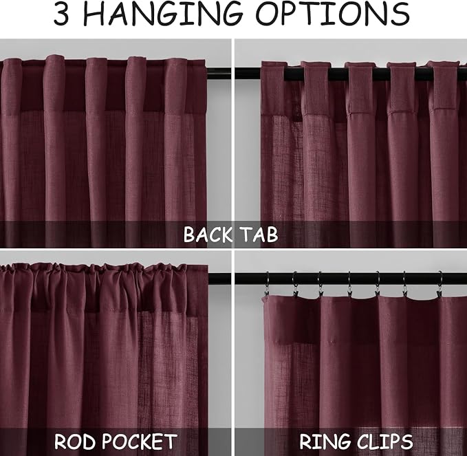 Nanspring Burgundy Linen Curtains for Living Room 100 Inches Long Light Filtering Semi Sheer Curtain Back Tab Vintage Boho Decor Elegant Luxury Drapes for Bedroom Dinner Room 52x100, 2 Panels