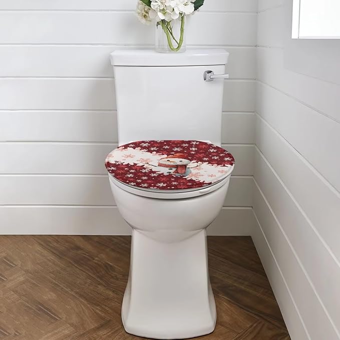 Toilet Seat Cover, Bathroom Accessories with Elastic Band at Bottom Toilet Seat Cover, Flannel Soft and Dustproof Toilet Lid Cover-Cute Christmas Snowman