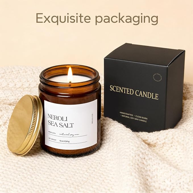 Sea Salt & Neroli Scented Soy Candle for Home, Natural Aromatherapy Candles with Essential Oils, Nontoxic Clean Burn, Strong Balanced Scent, 50 Hour Longlasting,Amber Jar for Women Men(9oz)