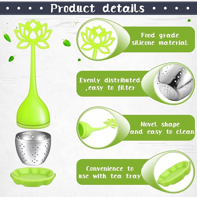 Set of 6 Silicone Tea Infuser Filter Loose Leaf Steeper Flower Tea Strainer Spoon Stainless Steel Loose Leaf Ball Handle Silicone Mesh Cup Filter Strainer(Lotus)