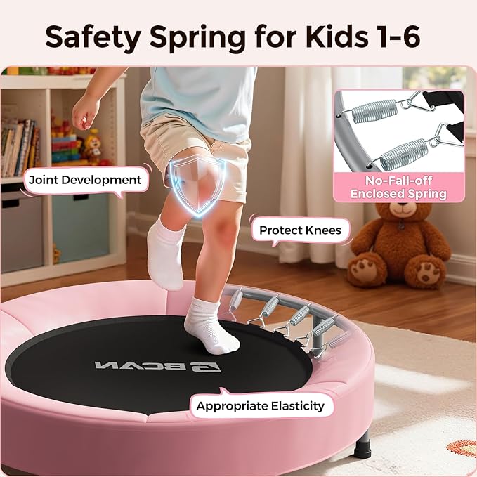 BCAN SP1 36'' Toddler Trampoline, ASTM Certified - Kids Trampoline for Ages 1-6, Foam Handle & Safe Thickened Cover, Mini Trampolines for Kids Indoor, Easy to Assemble| FED Fitness