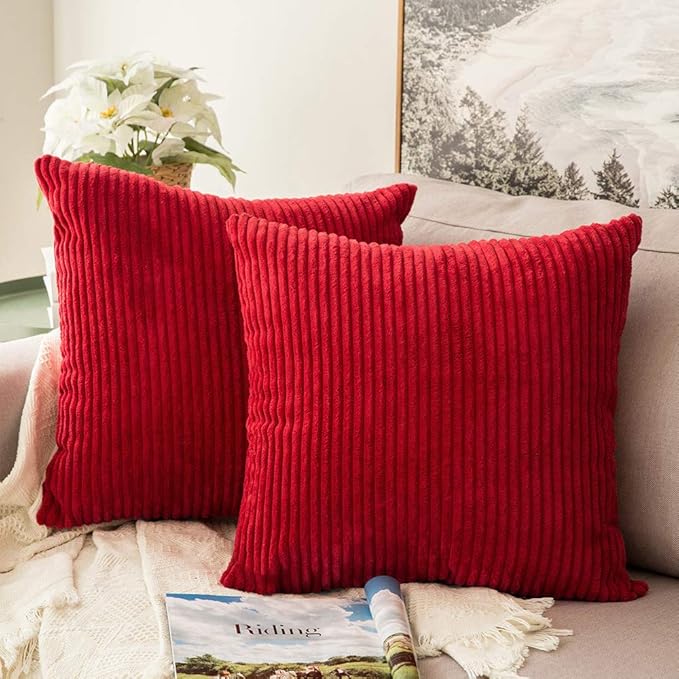 MIULEE Soft Corduroy Throw Pillow Covers Set of 2 22x22 Christmas Red | Decorative Striped Textured Cushion Cases, Boho Energetic Vibe Pillowcases, Home Decor for Couch Chair Sofa Bed Living Room