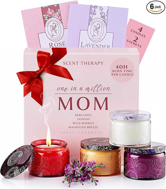 6-pc Scented Candle Gift Set for Mom, Aromatherapy Inspired, Adelegourdain | Incl. 4 Soy Wax Candles and 2 Fragrance Packets - Mom Gift Box - Scents incl. Bergamot, Maldivian Breeze, Jasmine, Berries