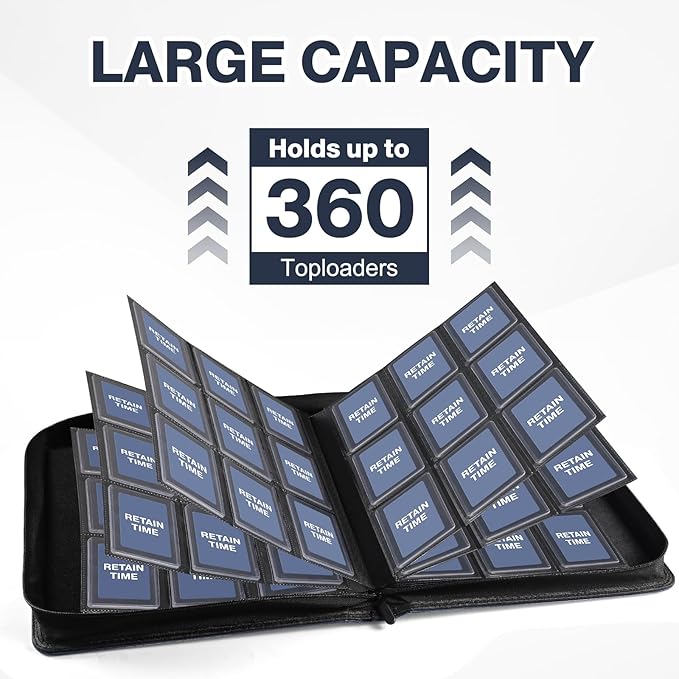 Toploader Binder, Holds 360 Toploaders, 100 Toploaders INCLUDED, 9-Pocket PU Cover Top Loader Binder for 3" x 4" Rigid Toploader, Ringless Double-Sided Toploader Card Binder for TCG, Sport Cards