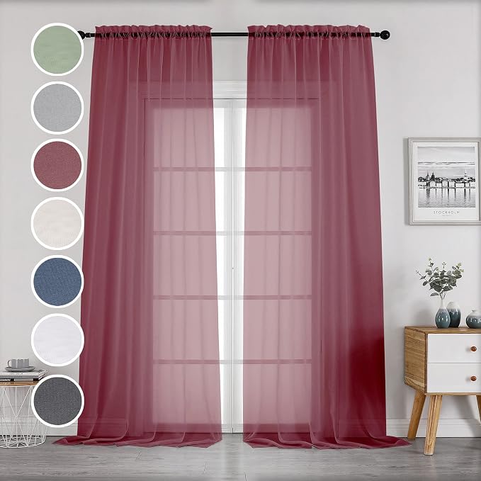 OWENIE Sheer Curtains 96 Inch Long, Elegant Sheer Curtains for Bedroom, Window Voile Sheer Curtain Panels/Drapes/Treatment for Living Room, 2Pcs, Each 42" W x 96" L, Burgundy