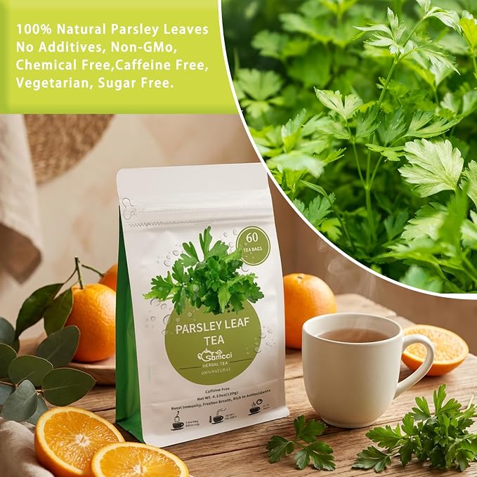 Samcci - Parsley Tea Bags - 60 Count (2g Per Bag) - 100% Natural Dried Parsley Leaves - Petroselinum Crispum - Non-GMO & Caffeine-Free - Plant-Based Corn Fiber Mesh Bags - Refreshing Herbal Infusion for Breath & Wellness