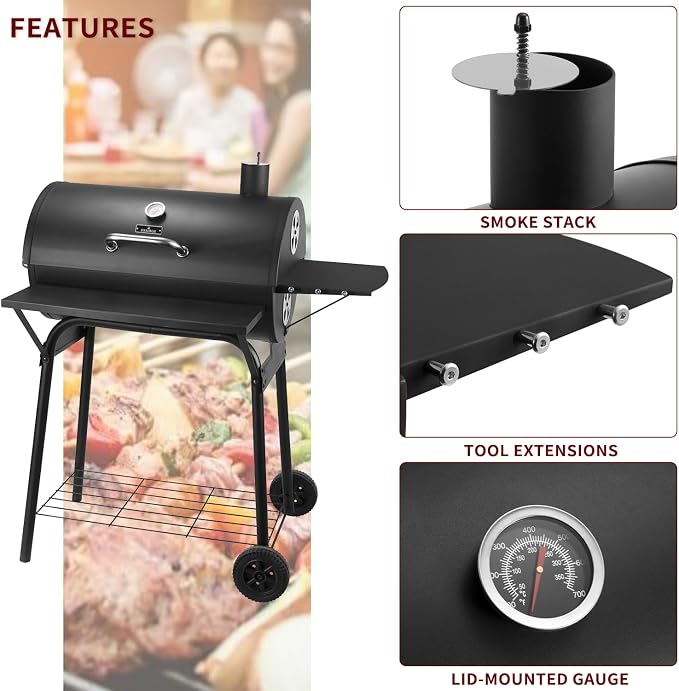 Charcoal Grill Outdoor BBQ Grill 30INCH Barrel Charcoal Grills with Side Table, 627 Square Inches, Outdoor Backyard Camping Picnics, Patio and Parties, Black by DNKMOR