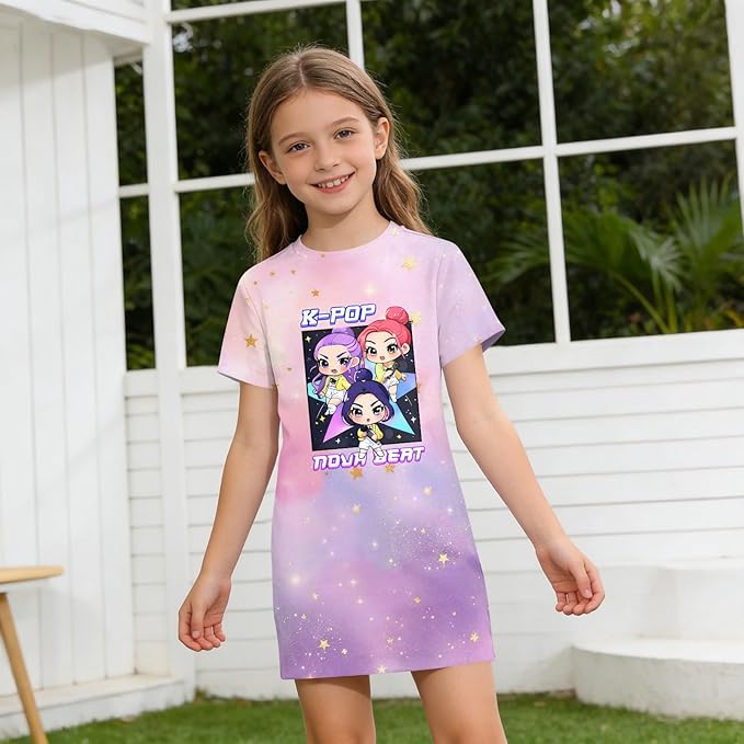 Girl's Anime K-POP Graphic Long Dress T-Shirt - Casual Loose Fit Short Sleeve Top