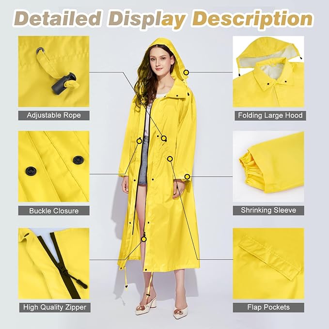 LAMA Womens Long Raincoats Rain Jacket Waterproof Packable Hooded Windbreaker Lightweight Adjustable Waist for Outdoor