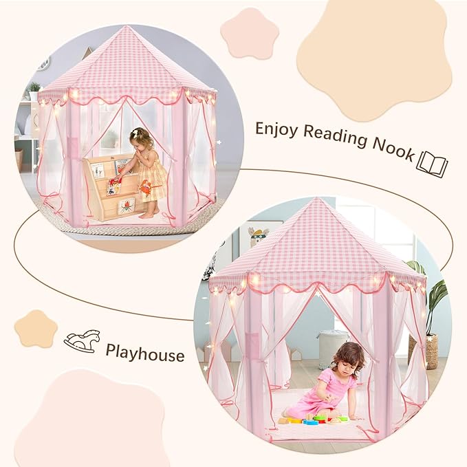 Princess Play Tent, Large Playhouse Castle Play Tent with Mat, Star String Toy, Indoor and Outdoor Games, for Children, Kids, Girls, Pink Plaid, 53" x 53" x 51", Pink