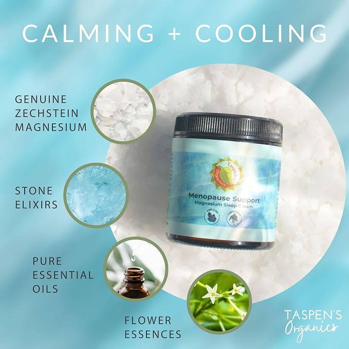 Taspen's Organics Menopause Support Magnesium Sleep Cream – Natural Cooling Relief for Hot Flashes & Night Sweats | Promotes Relaxation & Sleep | Flower Essence & Botanical Formula (1.7 oz)