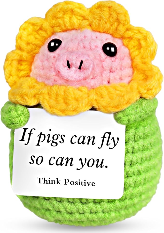 PARTY TONIGHT Cute Positive Crochet Animals Pig Gifts, Emotional Support Handmade Positive Crochet Gifts with Positive Affirmations Cards for Cheer Up Novelty Mini Funny Sunflower Pig Decor