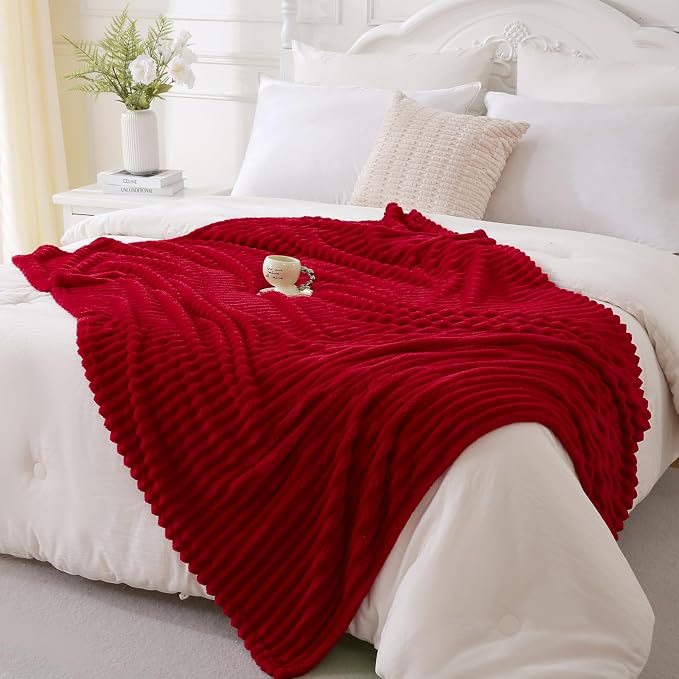 Red Fleece Throw Blanket 50”×70” for Couch Sofa Livingroom | Super Soft Cozy Plush Microfiber Flannel Bed Blanket Striped Design Lightweight Home Decor Gifts for Adults Mom Women