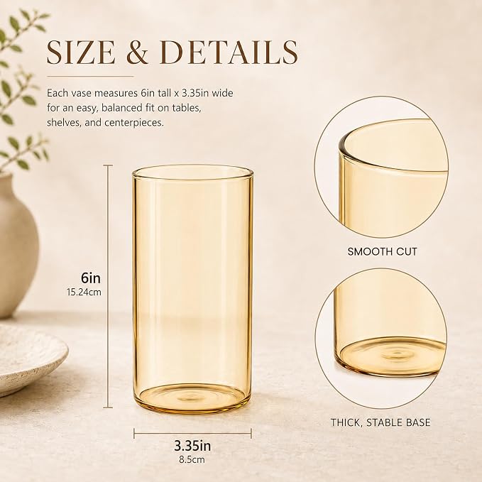 12pcs 6 Inch Gold Amber Glass Cylinder Vases for Centerpieces | Flower Vases for Wedding, Home & Party Decor, Hurricane Floating Candle Holders for Table & Shelf