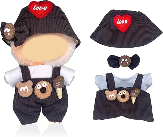 [3 in 1] 17cm Doll Clothes(NO Doll), Cute Dolls Outfit Accessories with Brown Overalls Ice Cream Small Kawaii Clothes Set for Dolls (Style 5)