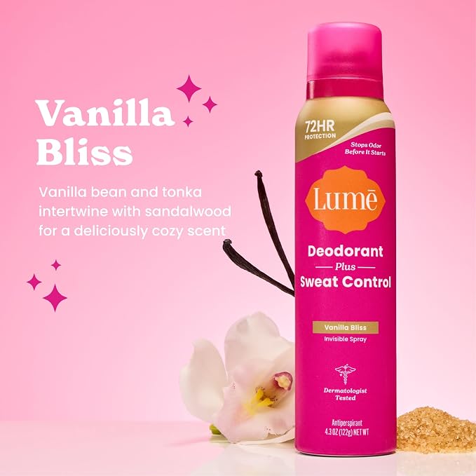 Lume Deodorant Plus Sweat Control - Invisible Spray - Extra Strength Antiperspirant For Underarms - 72 Hour Odor & Sweat Control - Baking Soda Free - 3pk (Soft Powder, Clean Tangerine, Vanilla Bliss)