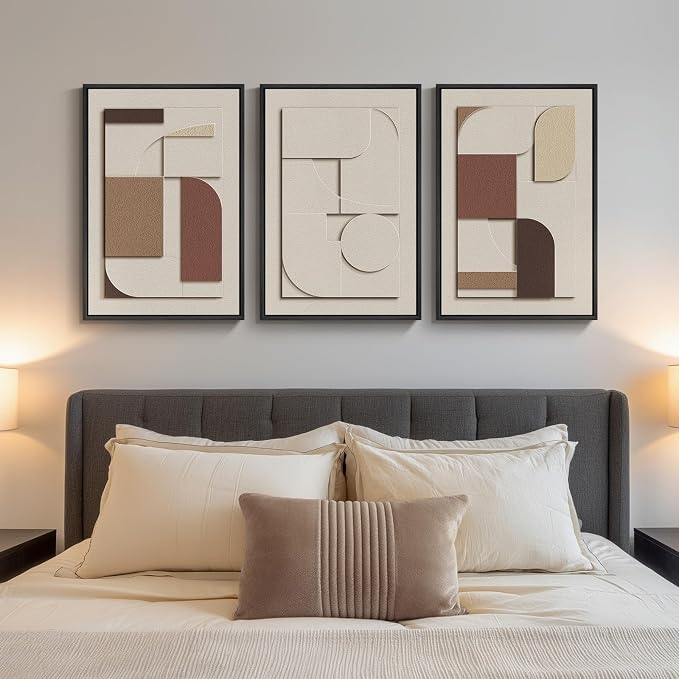 3D Textured Framed Neutral Wall Art, Brown Tan Beige Geometric Texture Artwork for Walls, 3 Piece Minimalist Modern Sandstone Art Painting for Living Room Hallway Office Kitchen Wall Decor, 16x24 Inch