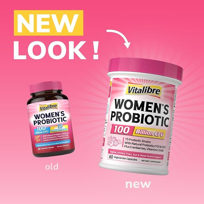 Vitalibre Probiotics for Women 100 Billion CFU 15 Strains, DailyProbiotic & Prebiotic Supplement with Organic Cranberry to SupportVaginal, Digestive, Immune Health, Shelf Stable, 60 Vegan Capsules