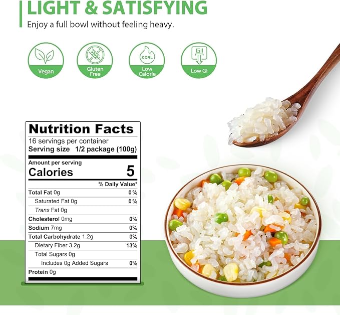 Soeos Organic Konjac Rice, 8 Packs, 9.5 oz Each Bag, Low Carb, Low Calorie Shirataki Rice, Gluten Free, Sugar Free, Vegan Friendly, Easy to Prepare, Perfect for Asian & Everyday Cooking, Total 76 Ounce
