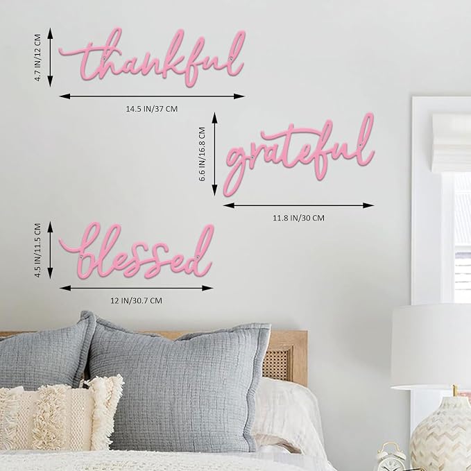 Thankful Grateful Blessed Letter Sign Metal Wall Decor, 3 Pieces Pink Letters Wall Art for Bathroom Bedroom Metal Words Wall Decor for Home Decor (Pink)