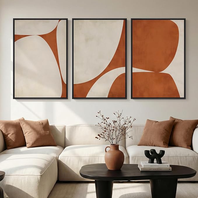Large Framed Neutral Abstract Wall Art for Living Room, 3 Piece Modern Canvas Prints Paintings Artwork for Walls, Minimalist Beige Orange Block Pictures for Hallway Dining Bedroom Wall Decor 24x36 In