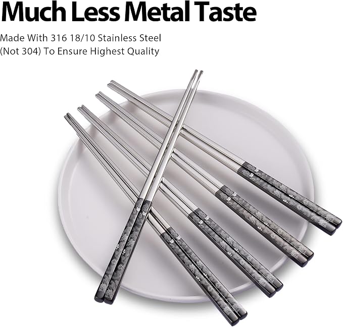 Hagary Dragon Chopsticks Metal Reusable Designed In Korea Japanese Style Stainless Steel 316 18/10 Non-Slip Dishwasher Safe Laser Etched (Black - 5 Pairs)