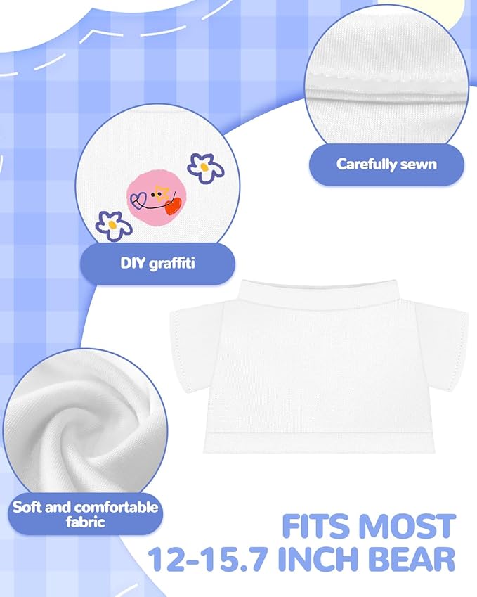 4 PCS Stuffed Bear Basic T Shirt Clothes for 10-12Inch, T Shirt Classic Crew Neck Bear, Cute Tiny Clothes DIY Bear Toy (for 10-12 Inch,White)