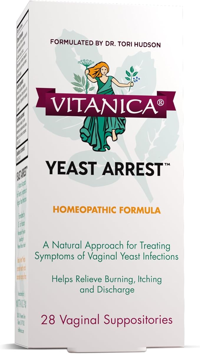 Vitanica Yeast Arrest, Homeopathic Vaginal Suppositories, for Yeast Infection Symptoms, Relieves Burning, Itching & Discharge, with Boric Acid, Tea Tree Oil & Probiotics, Vegan (Yeast Arrest, 28)