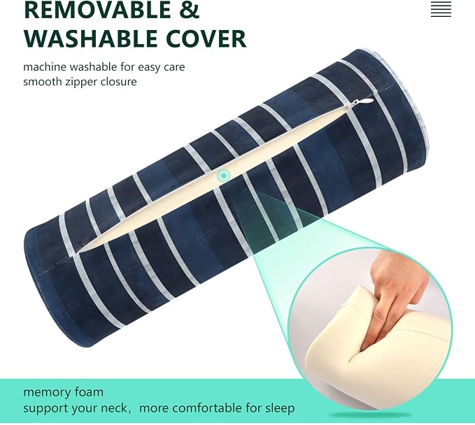 Bolster Pillow Decorative Neck Roll Pillow for Sleeping Round Pillow Inserts Memory Foam Cylinder Pillow Neck Support Darkblue Stripe