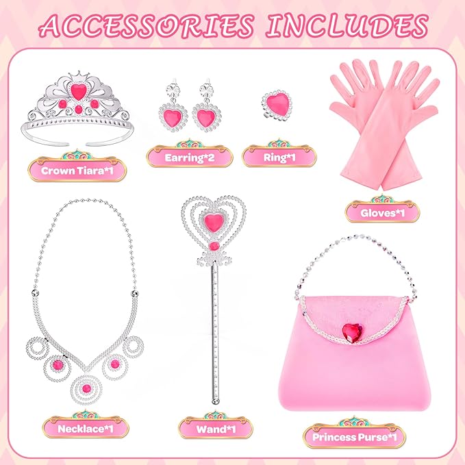 Princess Dress Up Clothes for Little Girls, 10 Pcs Toddler Dress Up Toys, Princess Cape with Crown, Wand, Jewelry, Princess Play Toys Gifts for 3 4 5 6 Year Old Girls(Pink)