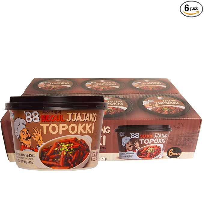 Surasang Jjajang Tteokbokki, Non-Spicy Instant Korean Rice Cakes Bowl | Sweet & Savory Black Bean Sauce, Microwaveable Cups, Korean Street Food, Made in Korea, Pack of 6
