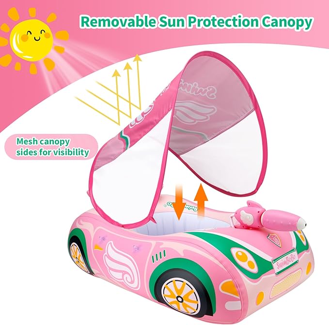 Swimbobo Toddler Pool Float Inflatable Car Baby Swim Float with Adjustable Sun Canopy and Safety Seat Pool Toys for Kids 3+ Years Old(Pink Green Car)
