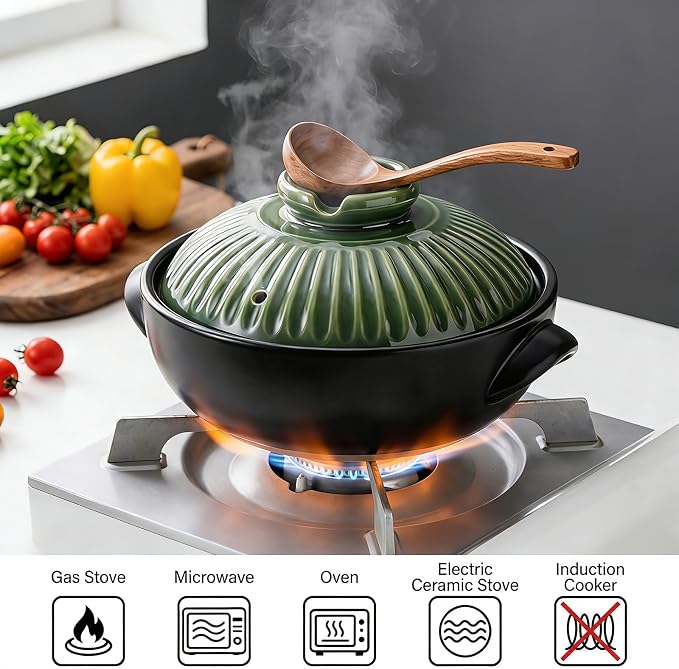 Okllen Large Korean Ceramic Bowl with Lid and Trivet, 54 oz Clay Pot for Cooking, Sizzling Hot Pot for Dolsot Bibimbap, Soup, Casserole, Rice, Stew, Noodle，Retro Green